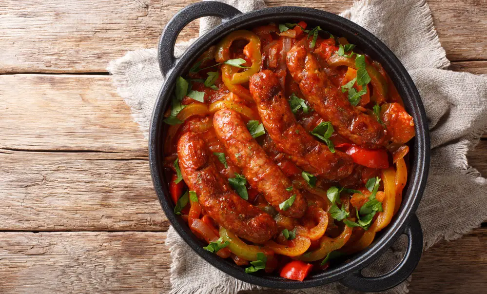 Italian food grilled sausage with grilled peppers