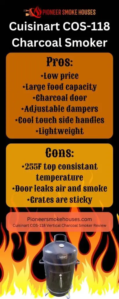 Cuisinart COS-118 Vertical Charcoal Smoker pros and cons infographic from Pioneersmokehouses